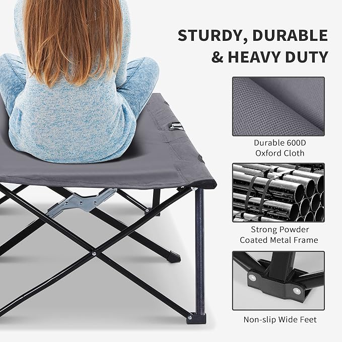 2 Person Folding Camping Cot for Adults, 50" Extra Wide Outdoor Portable Sleeping Cot with Carry Bag, Elevated Camping Bed, Beach Hiking, Grey