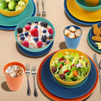 Wrova 40Pack plates and bowls sets for kids - Unbreakable wheat straw dinnerware sets service for 8 - Alternative plastic 40pcs dish sets for kitchen, camping and indoors dinning - (Colorful)