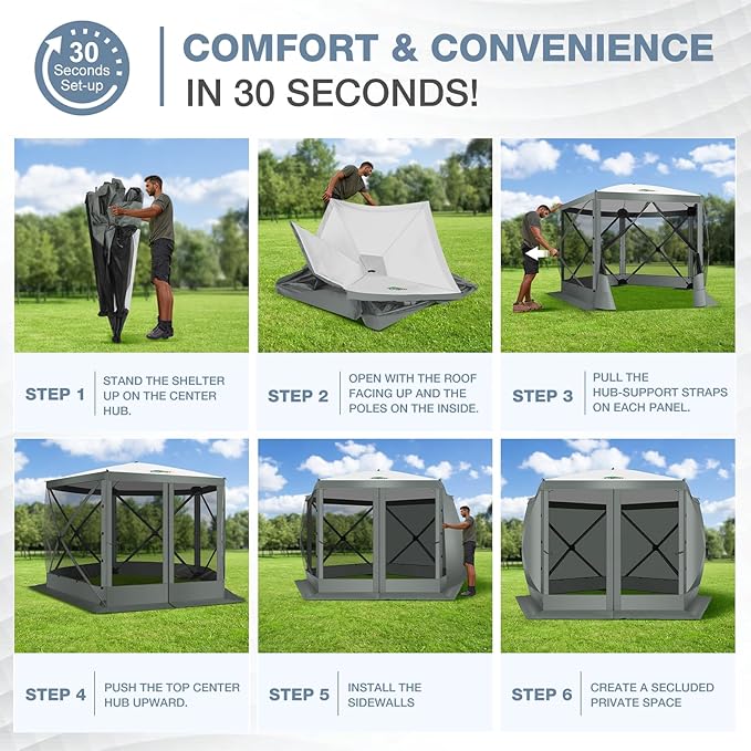 COBIZI Pop Up Gazebo Screen Tent Screen House for Camping, 10x10 Screen Room with Mosquito Netting, Hub Tent Instant Screened Canopy with Carrying Bag and Ground Stakes, Gray
