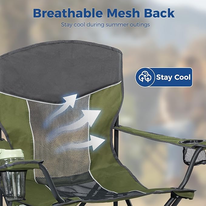 Outdoor Camping Chair 2-Pack with Mesh Back, Folding Portable Lawn Chairs with Cup Holder & Side Storage Pocket for Camping, Beach, Picnic, Fishing(Green)