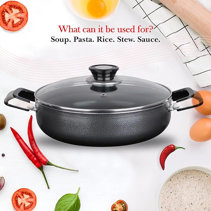 Alpine Cuisine 3 Quart Non-stick Caldero Stock Pot with Tempered Glass Lid and Carrying Handles, Multi-Purpose Cookware Aluminum Dutch Oven for Braising, Boiling, Stewing
