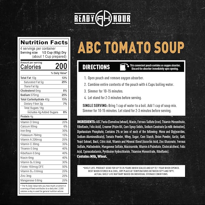 Ready Hour ABC Tomato Soup Case Pack – Freeze-Dried Emergency Food, Long 25 year Shelf Life Survival Soup, Quick Prep Camping Ready to Eat Meal and Self-Stable, – 24 Servings (6 Pouches)
