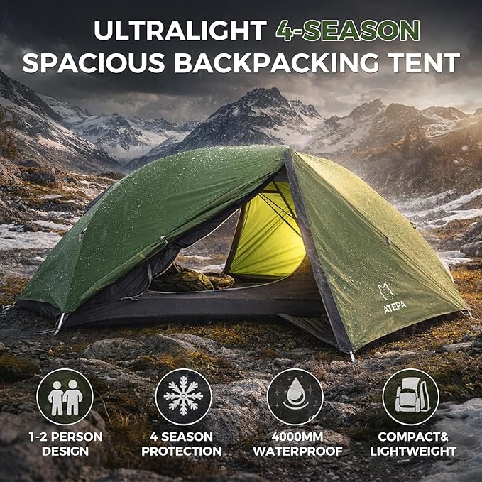 ATEPA Voyage 1-2 Person Backpacking Tent, 4 Season Ultralight Camping Tent, 4000mm Waterproof Double Layer Cold Wearther Easy Set Up Tent for Family Camp Hiking Hunting Outdoor Mountaineering Travel
