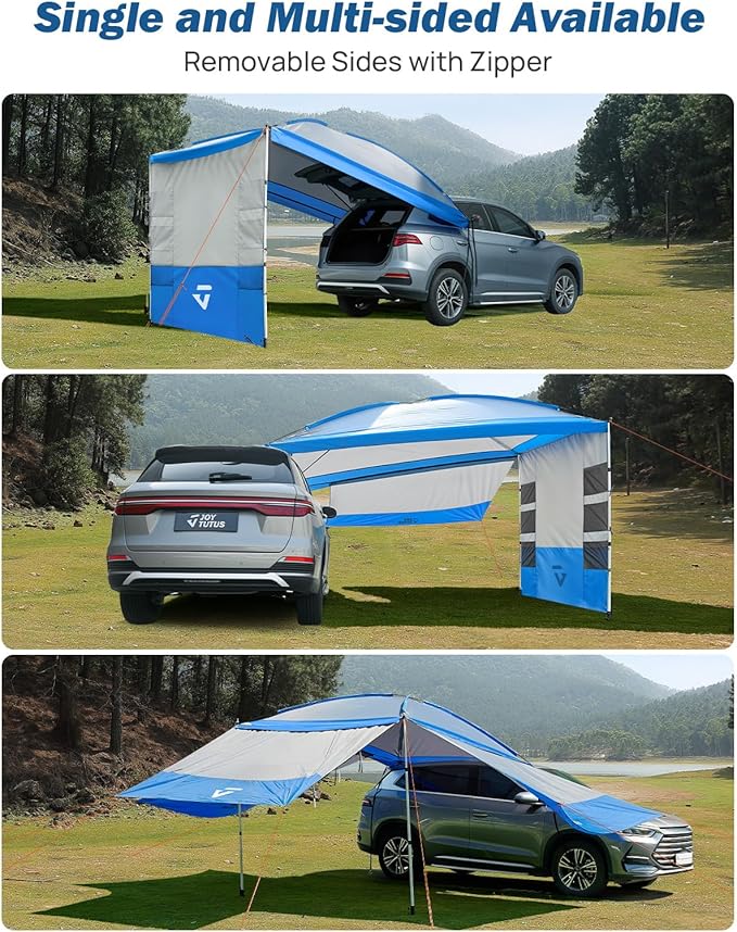 JOYTUTUS Versatile Vehicle Awning with 3 Removable Sides, Large Car Awning 11.5FT * 7.9FT, UV50+ and Waterproof PU2000mm Truck Canopy, SUV Camping Sunshade with 8 Storage Pockets, Gray Blue