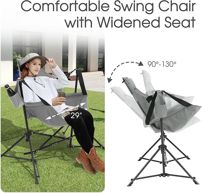 HOMEFUN Hammock Camping Chair - Portable Swinging Chairs for Adults with Stand and Storage Bag, Oversized Folding Rocking for Lawn Camp Fishing Hiking, Gray