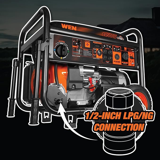 WEN 14500-Watt 120V/240V Tri-Fuel Generator, Transfer-Switch Ready with Electric Start and Wheel Kit (TF1450)