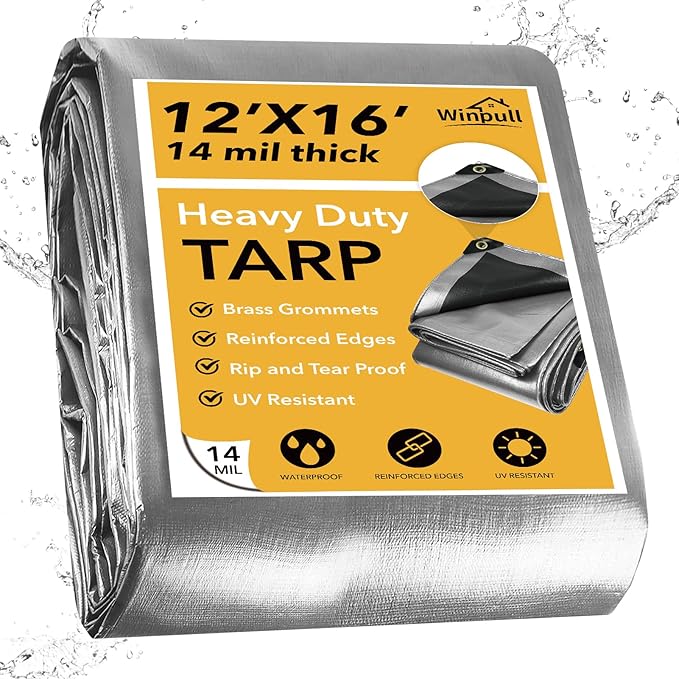 Tarp 12x16 Feet 14 Mil Heavy Duty Waterproof Tarp, Large Multipurpose Cover with Brass Grommets and Reinforced Edges, UV Resistant Thick Poly Tarps for Outdoor Camping Tent Pool Car