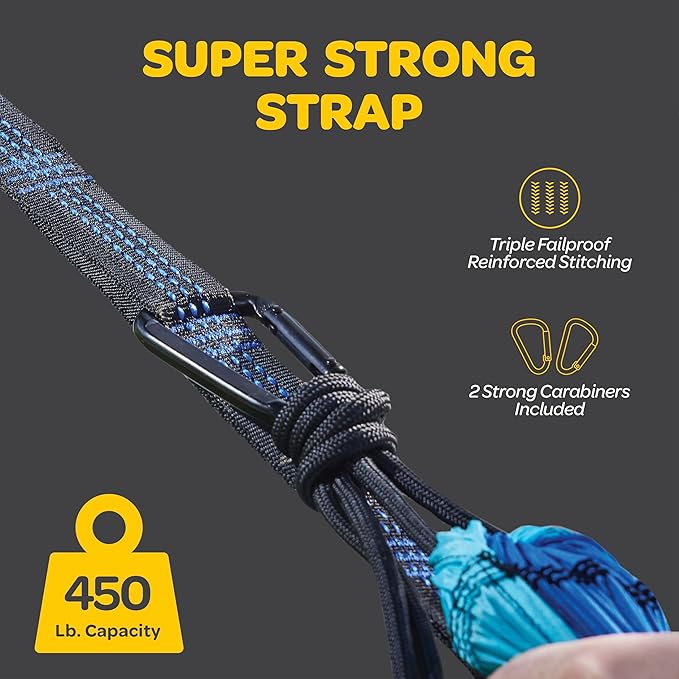 Durable Hammock 500 lb Capacity, Nylon Camping Hammock Chair - Double or Single Sizes w/Tree Straps and Attached Carry Bag - for Travel/Backpacking/Beach/Backyard (Large, Light Grey & Sky Blue)