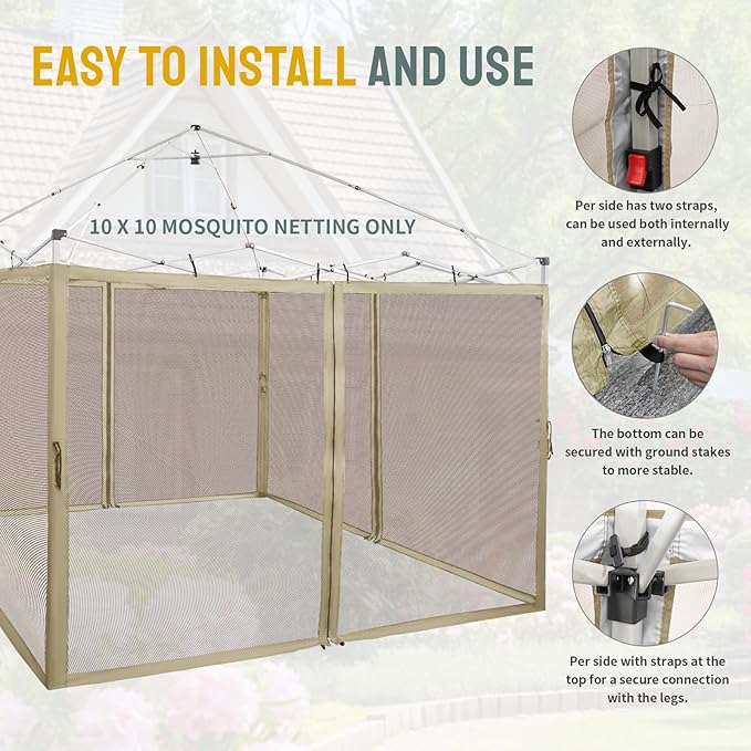 CROWN SHADES Gazebo Mosquito Net for 10 x 10 Pop Up Canopy - Patio Gazebo Mesh Sidewall with Zipper for Outdoor Tent, Garden and Backyard (4 Packs,Khaki)
