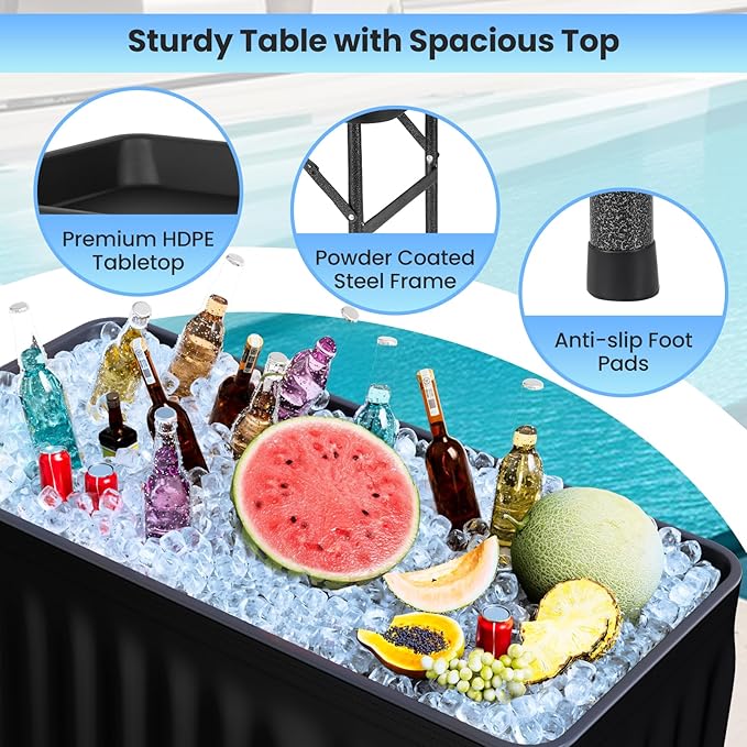 KOTEK Folding Ice Cooler Table with Matching Skirt, Drain Hose & Bucket, Foldable Buffet Beverage Cooler Server, Portable Chill Table for Party, Picnic, BBQ, Camping (Black)