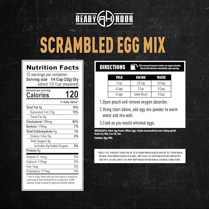 Ready Hour Scrambled Eggs Case Pack (72 Servings), Freeze-Dried Scrambled Eggs, Bulk, Long Shelf Life, Emergency Food Supply, Disaster Food, Survival Breakfast, Prepper Meal Kit, Protein Rich Meals