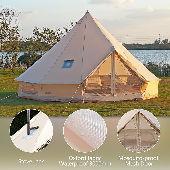 Oxford Bell Tent for Family Camping - Spacious 13.1ft /16.4ft Yurt with Stove Jack, Large Glamping Tents for 4-8 People, 4 Season Oxford Hot Tent Shelter