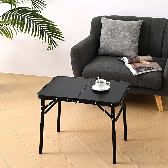 Folding Picnic Table with Storage Net, Matte Black Aluminum Folding Table 23.6" x 15.8", Adjustable Height Max 27.5", Lightweight Portable for Camping Travel Grill Indoor