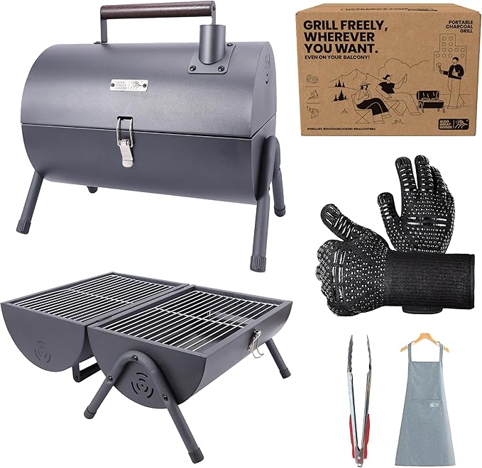 AGG Portable Charcoal Grill - 2-in-1 Tabletop BBQ & Griddle Combo - Compact Mini Barrel Grill for Camping, Balcony & Tailgating - Includes Apron, Heat-Resistant Gloves & Tongs -Small Outdoor Grill