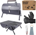 AGG Portable Charcoal Grill - 2-in-1 Tabletop BBQ & Griddle Combo - Compact Mini Barrel Grill for Camping, Balcony & Tailgating - Includes Apron, Heat-Resistant Gloves & Tongs -Small Outdoor Grill