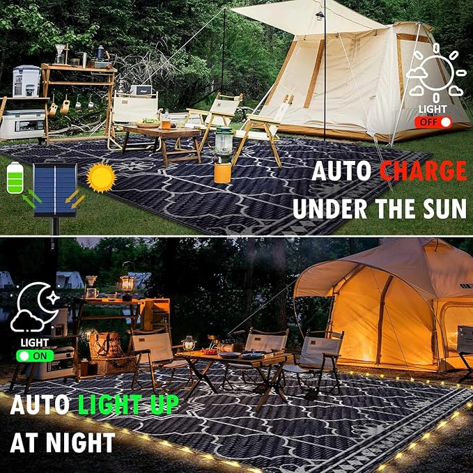 8x10Ft Outdoor Rug, Solar Powered Outdoor Rug with 113LEDs Strip Lights, Waterproof Plastic Reversible Outdoor Straw Rugs, Rugs Mat for House Deck RV Camping Patio Beach Balcony Picnic (Blue White)