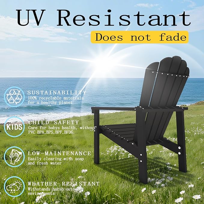 Stackable Adirondack Chair Set of 4, HDPE All-Weather Adirondack Chairs - Durable and Space Saving, Plastic Outdoor Fire Pit Chairs with Cup Holder,Black
