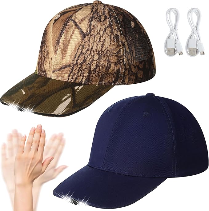 Syhood 2 Pieces LED Baseball Caps Flashlight Hats Hands Free Baseball Caps with Light Built in 5 Battery Powered Headlamp LED Hats Light for Men Fishing Jogging Camping Hand Work