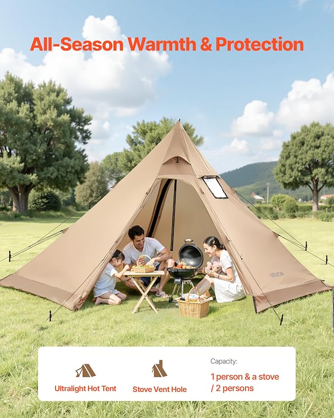 VEVOR Hot Tent, Camping Tipi Hot Tents with Stove Jack, Portable Winter Camping Tents with Snow Skirt, Easy Setup, Waterproof 4 Season Shelter Tents for Fishing Backpacking