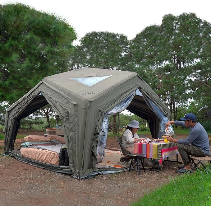 Coody Inflatable Canvas Camping Tents with Stove Jack – Premium Air Beam Family Glamping Tent, Breathable Cotton Canvas, Fast Setup Air Tent with Pump