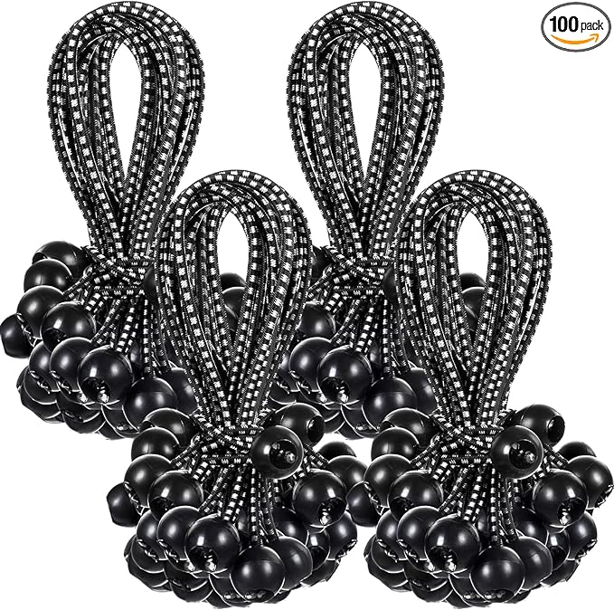 100 Pcs 9 Inch Ball Bungee Cords Tarp Tie Downs Bungee Cords with Balls Heavy Duty Outdoor Tarp Straps for Canopy Shelter Camping Cargo Tent Poles UV Resistant (Black White)