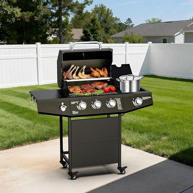 3 Burner Propane Gas Grill with Side Burner, 40,000 BTU Output Propane Grill, Outdoor Gas BBQ Grill with Stainless Steel Grates, Outdoor Cooking for Patio, Camping, Backyard