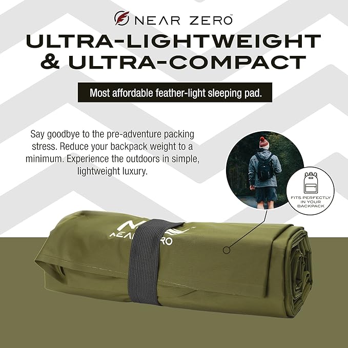 NEAR ZERO Ultralight Inflatable Sleeping Pad – Compact 14.5 oz Air Pad 2" Thick, Quick Inflate with 11 Breaths, Durable Rip-Resistant Nylon – Ideal for Backpacking & Warm Weather, Green