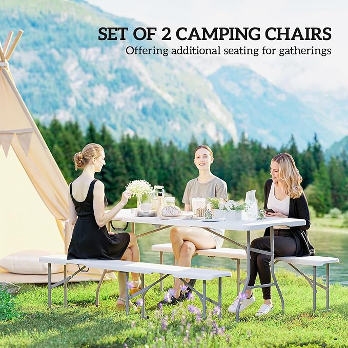 Outsunny 2-Pack 6 Ft. Plastic Folding Benches, Portable Foldable Bench Seats with Carrying Handle, Non-Slip Mat, HDPE Tabletop, Picnic Benches for Camping Dining Picnic BBQ Sports, White