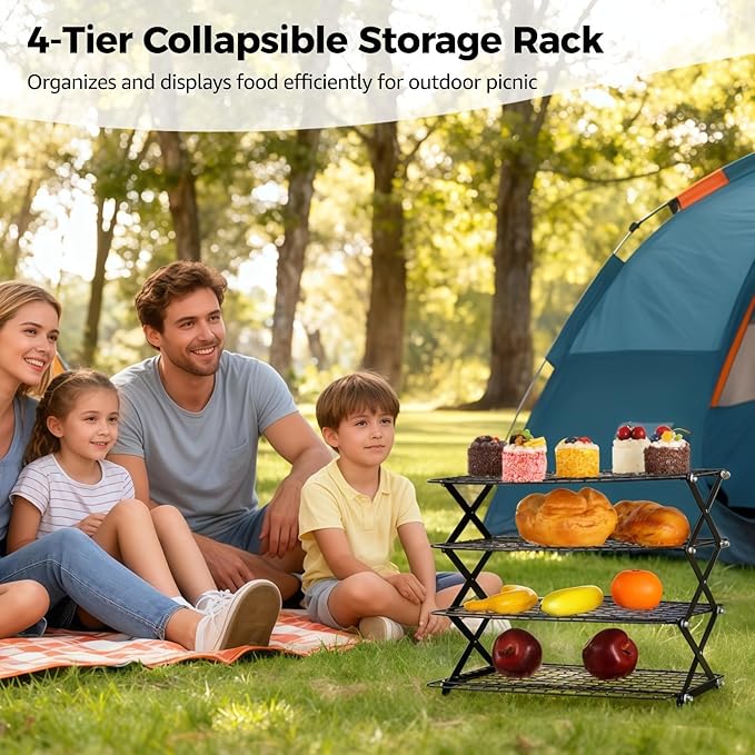 4-Tier Collapsible Cooling Rack, Adjustable Stackable Wire Baking Rack, Iron Wire Rack 17.72 x 9.72 x 16.81 in, Foldable Storage Shelf for Camping Picnic, Roasting Grilling Drying
