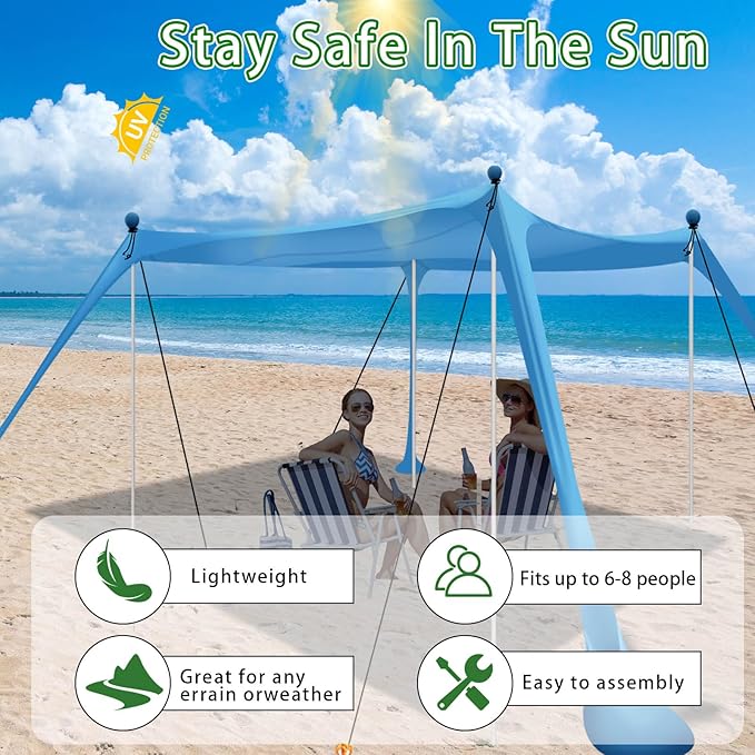 Beach Tent, Beach Canopy UPF50+ with Sandbags, Sand Shovels, Ground Pegs & Stability Poles, Outdoor Shade Camping Sun Shelter for Camping Trips, Fishing, Backyard Fun or Picnics