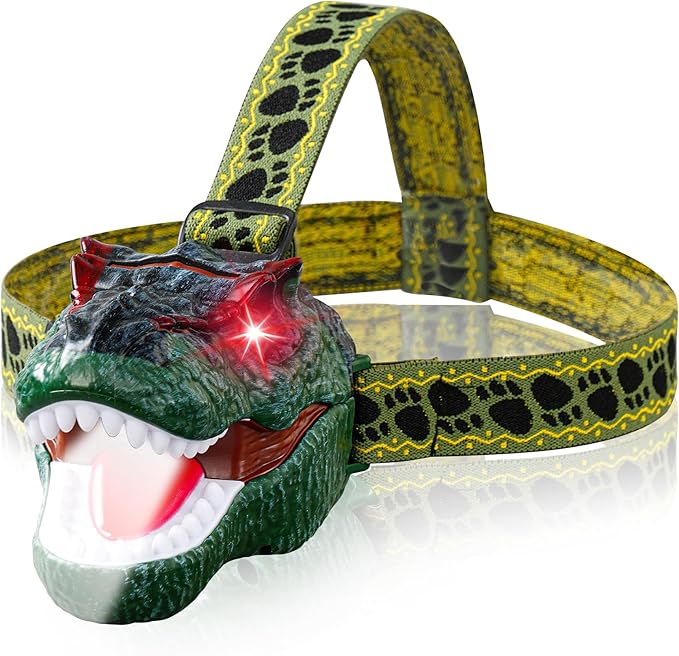 Dinosaur Headlamp for Kids T-Rex LED Flashlight with Roar Sound and Adjustable Headband Fun Kid Camping Gear Outdoor Headlamp Adventure Toy for Boys and Girls Ages 3-8 Gift