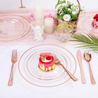 bUCLA 300PCS Rose Gold Plastic Dinnerware - Clear Dinnerware Set Disposable Include 50 Dinner Plates,50 Dessert Plates,50 Knives,50 Forks,50 Spoons,50 Cups for Party, Wedding & Valentines Day