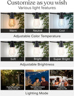Brightech Ambience Pro 27-Ft Solar String Lights for Outside - Super Bright Remote Control Color Adjustable Outdoor String Light - Commercial Grade String, Waterproof LED for Patios, Camping, 12 Bulbs