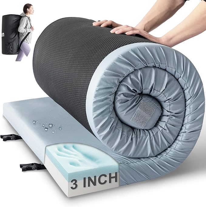 Kingfun 3 Inch CertiPUR-US Memory Foam Camping Mattress, Waterproof Roll up Sleeping Pad, Thick Floor Sleeping Mats for Tent with Removable Travel Bag