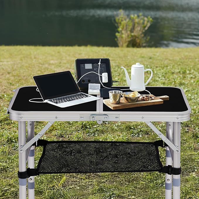 Folding Camping Table, Aluminum Folding Table with Carrying Handle, Lightweight, Portable Camping Table Waterproof for Outdoor Indoor Picnic Beach BBQ (Black, 2ft)