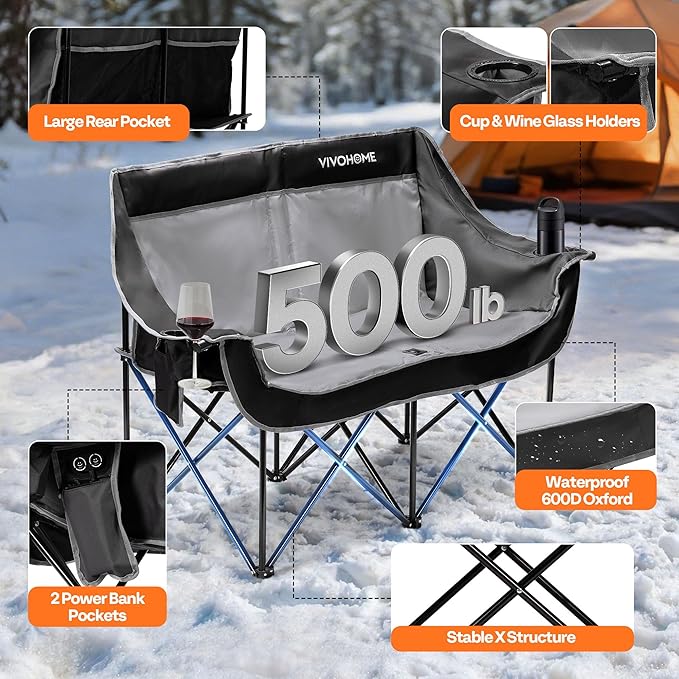 VIVOHOME 45W Padded Heating Double Camping Chair with 2 x 27000mAh Power Bank, Heated Oversized Portable Loveseat for Outdoor Sports, 3 Levels of Heat, Overheat Protection System, Black and Gray