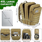 Tactical Backpack 45L Army Military Rucksack, Water Resistant MOLLE Pack, Large 3 Day Bug Out Bag for Men & Women, Durable Outdoor Gear for Hiking, Camping, Hunting, Travel (Khaki)