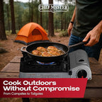 Chef Master 15,000 BTU Butane Portable Camp Stove + 4x 8oz Butane Canisters | Double Wind-Guard Portable Stove Burner w/Piezo Ignition for Emergencies, Tailgating, Hiking & Camping Essentials - 90019