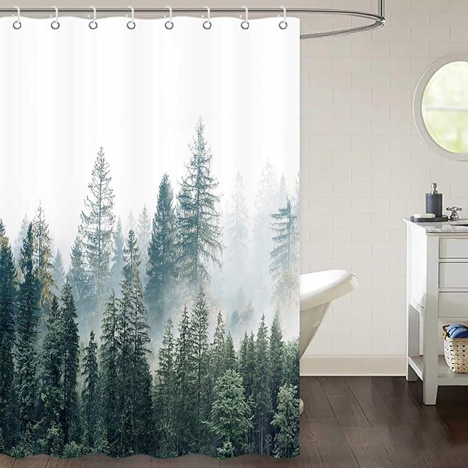 RV Shower Curtain Nature Forest Mountain Camper Shower Curtains for Travel Trailer Bathroom Woodland Tree Camping Bath Accessories Set with Hooks 47 x 64 Inches