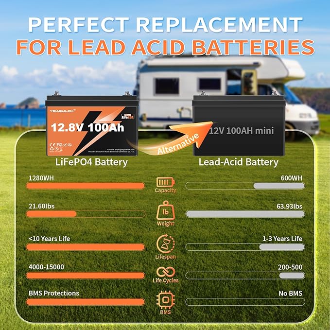 2 Pack 12V 100Ah Mini LiFePO4 Lithium Battery Built-in 100A BMS 1.28kWh 10-Year Lifespan Rechargeable Battery 6000 Deep Cycles Perfect for RV Solar System Camping Off-Grid