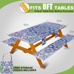 Picnic Table Cover with Bench Covers Vinyl Elastic Edges Fitted Rectangle Seat Tables Waterproof 3-Piece96X30in Set Outdoor Rectangular Folding Backing Tablecloth for Camping Over Size