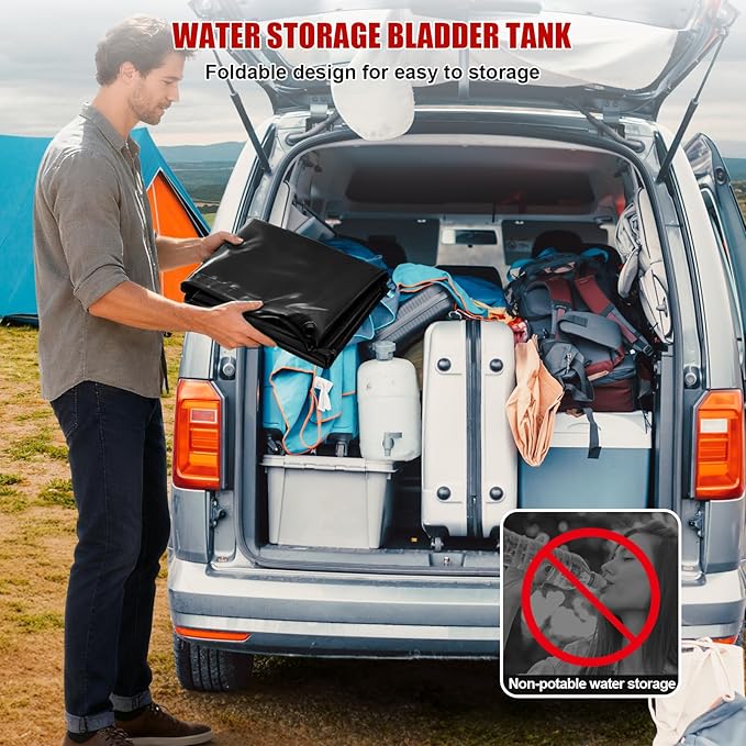 400 L/105.7 Gallon Water Storage Bladder, Foldable Portable Water Bladder Tank, Large Capacity Water Bag Container for Camping, Truck, RV, Emergency, Outdoor-Black