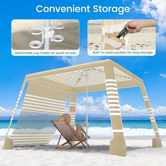 MoKo Beach Cabana, 8'×8' Large Beach Canopy with Side Wall, UPF 50+ Protection Easy Setup Beach Tent Sun Shelter, Adjustable Height Wind Resistant Cabana Beach Tent for Whole Family, Khaki Stripe