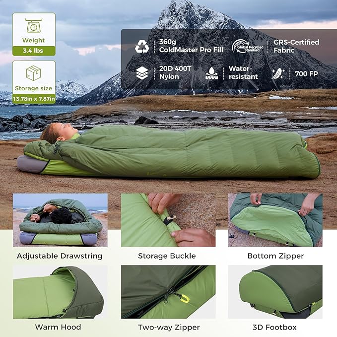ATEPA Down Sleeping Bag for Adults, Recycled Ultralight 35°F 40°F 45°F 50°F 650FP / 700FP 3 Season Compact Sleeping Bags with Compression Sack for Backpacking Camping Hiking, Can Be Attached to Pad