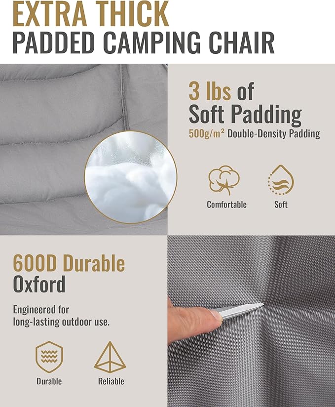 KingCamp Oversized XL Camping Chair, Heavy Duty 500lbs Folding Couch for Adults, Padded Large Comfortable Sofa Seat with Cooler Bag Cup Holder for Outdoor Sports Fishing Patio Lawn