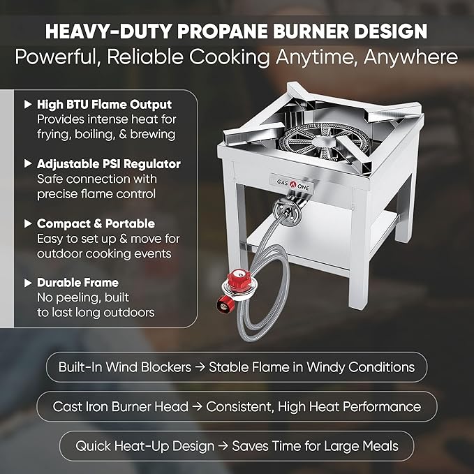 GasOne Stainless Steel Propane Burner Cooker With Regulator with Steel Braided Hose For Outdoor Cooking, Turkey Fry