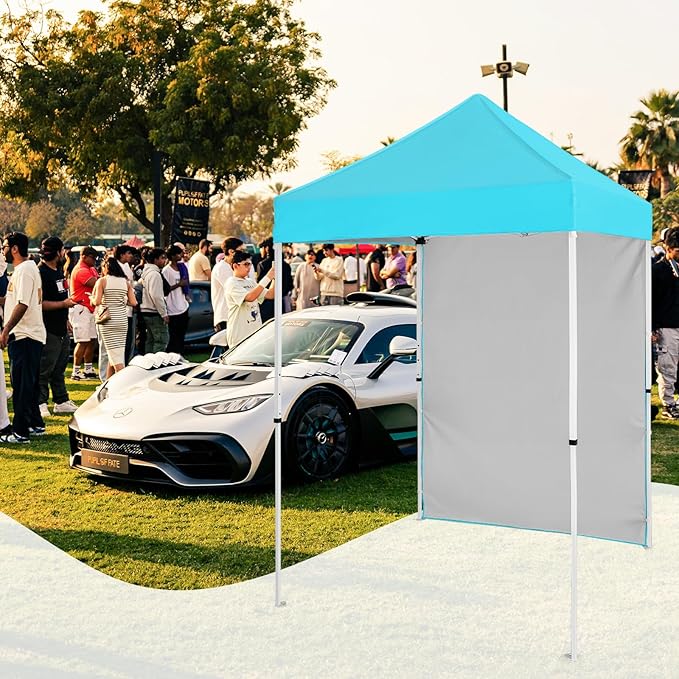 5x5 Pop Up Canopy Tent with One Sidewall, Instant Portable Beach Canopy, Outdoor Tent with Carry Bag for Camping, Sports, Tailgating, Events, Light Blue