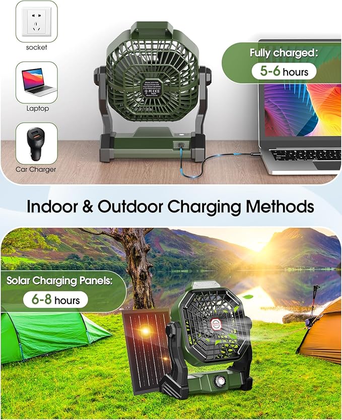 Rechargeable Solar Powered Fan,(30Hours Working) Solar Camping Fans & Led Lantern,8-inch Portable Fan with 7W Solar Panel, Battery Operated Powered Outdoor Tent Fans for Camping Essentials Accessories
