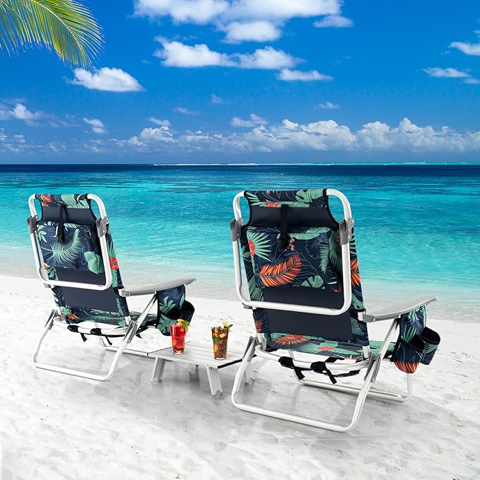 Goplus Beach Chair, Folding Backpack Beach Chairs for Adults with 5 Positions, Head Pillow, Cooler Bag, Towel Bar, Cup Holders, Sunbath Sling Tanning Lounge, Foldable Layout Camping Chairs
