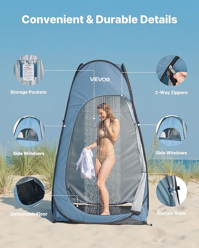 VEVOR Pop up Shower Tent, Instant Portable Privacy Tent Changing Room with Ground Stakes, Ropes, and Carry Bag, 190T Polyester with Silver Coating, Quick Setup, for Camping, Beach, Fishing, Blue